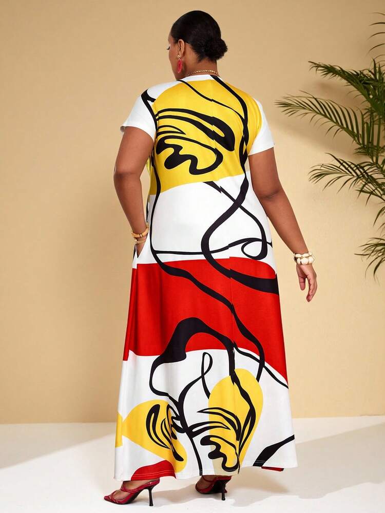 Plus Size Women Color Block Casual Party Vacation Dress, Suitable For Summer Summer Dress  Summer Outfits Summer Clothes Spring Dress Spring Outfit Women Spring Clothing Floral Dress Floral Dresses For Women Beach Vacation Outfits For Women Vacation Dress Bohemian Summer Holiday Outfits