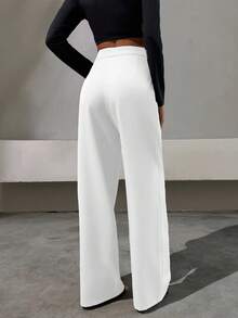 EURMUSE 优雅风格，半仿皮革腰带细节直筒裤 - 白色 - 查看 2