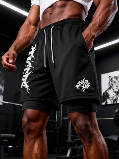 GymBeat Quần short thể thao nam hai mảnh, in chữ, có dây rút ở eo.