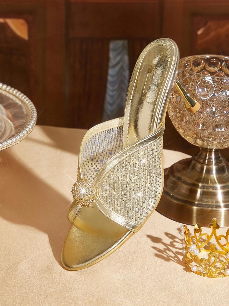 CUCCOO TILAWA Women Shoes Round Toe Slender Heel Gold Mesh Full Diamond Slip-On Open Toe Women's High Heel Sandals Slippers With Skirts Fashion Gorgeous Banquet Party Women's Sandals Women's Shoes