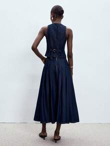 ATUI Studio Bộ đồ nữ mùa hè kiểu dáng thường ngày gồm áo gile denim cài cúc phía trước và chân váy mini denim xếp ly. - Màu xanh hải quân - Xem 2