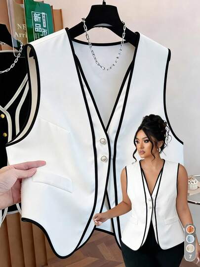 GlowEve CURVE Chaqueta sin mangas con cuello en V y botones delanteros de contraste de talla grande