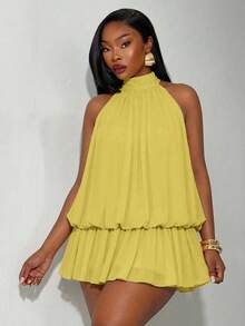 SHEIN SXY Plus Size Sexy Solid Color Backless Halter Mini Dress, Summer - Yellow - View 5