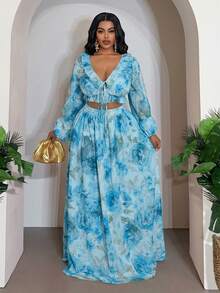 Veslaya Set Atasan Pendek dan Rok Panjang Motif Bunga Romantis Musim Semi/Panas, Cocok untuk Liburan, Pantai, Pesta, Kencan, dan Ukuran Plus - Biru - View 3
