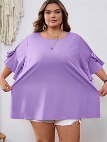 SHEIN CURVE+ Curve 尺码 US22 音乐节、海滨度假、波西米亚风女士蝴蝶结装饰圆领紫红色衬衫，夏季 - 紫色 - 查看 5