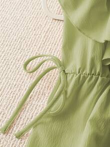 GlowEve CURVE 女士甜美法式短袖V领荷叶边下摆系带无袖上衣，春夏款 - 綠色 - 查看 4