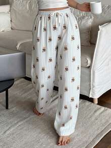 DAZY Striped Bear Print Loose Wide Leg Pajama Pants, Fall, Winter - Blue - View 1