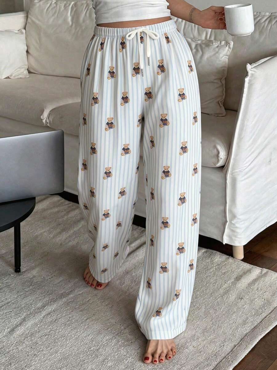 DAZY Striped Bear Print Loose Wide Leg Pajama Pants, Fall, Winter - Blue - View 1