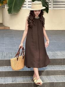 Dazy Kids فستان مرتخٍ بياقة طاقم مطوي مع ألوان متباينة مناسب للصبايا المراهقات للإجازات بدون أكمام - بني - مشاهدة 1