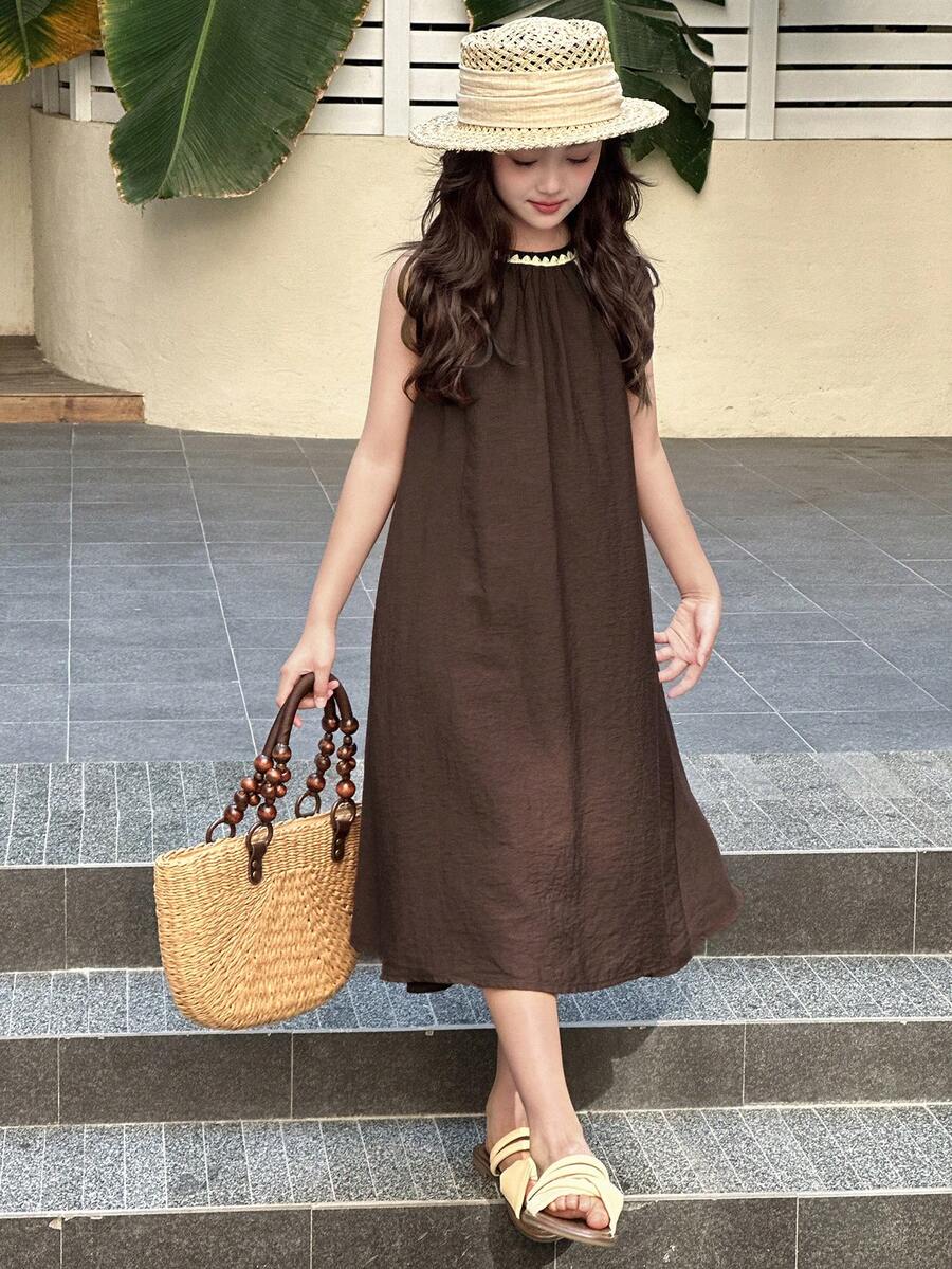 Dazy Kids فستان مرتخٍ بياقة طاقم مطوي مع ألوان متباينة مناسب للصبايا المراهقات للإجازات بدون أكمام - بني - مشاهدة 1