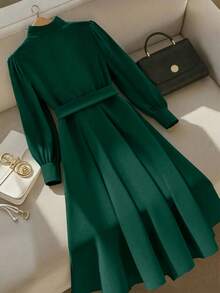 GlowEve CURVE Plus Size Women's Dark Green Elegant Autumn Midi Dress,Round Neck Front Pleated Detailing A-Line Long Sleeve French Style Dinner Outfits With Belt - Dark Green - View 2