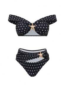Swim Oasis Bộ 3 món cho kỳ nghỉ hè, họa tiết chấm bi đen trắng, phụ kiện vàng gợi cảm, áo bikini quây hở vai và chân váy maxi cạp cao, xoắn phía trước. - Đen và trắng - Xem 3