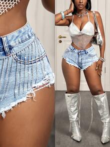 BamGleam Women's Fashion Summer Rhinestone Tassel Slant Pocket Frayed Hem Denim Shorts - Blue - View 1
