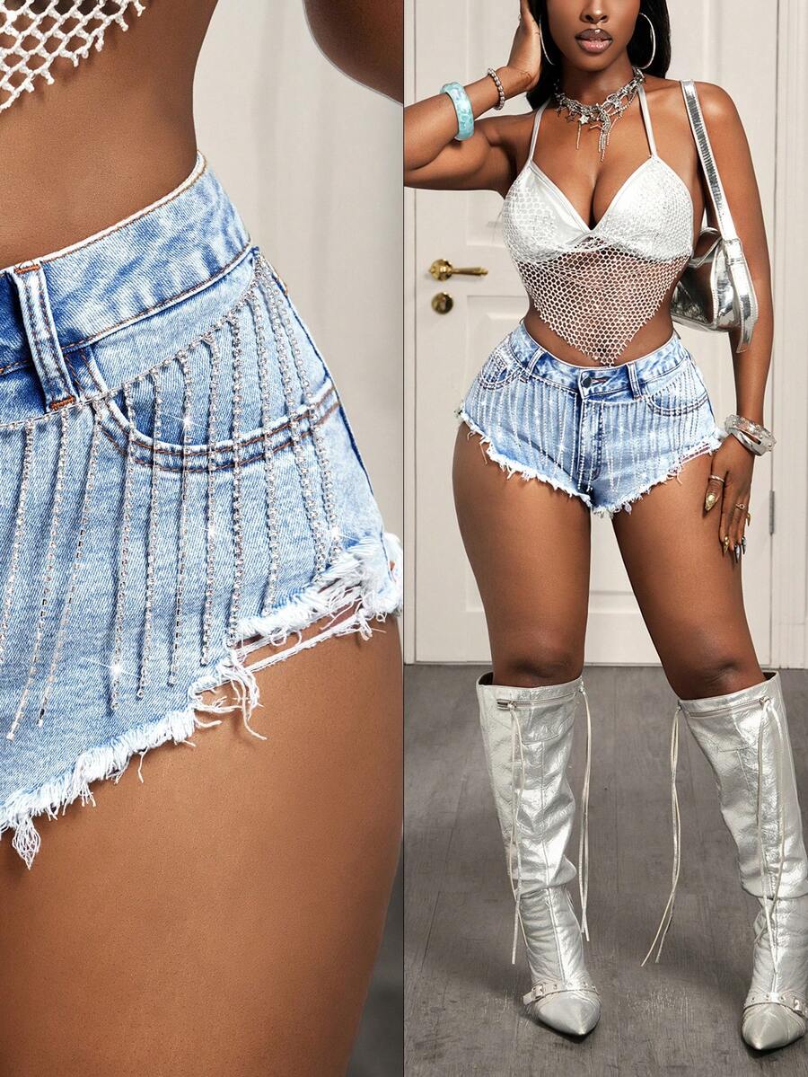 BamGleam Women's Fashion Summer Rhinestone Tassel Slant Pocket Frayed Hem Denim Shorts - Blue - View 1