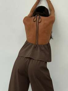Aloruh 女士夏季休闲纯色露背吊带上衣和裤子两件套 - 咖啡棕 - 查看 2