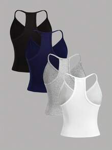 SHEIN 4pcs/Set Fitted V-Neck Camisole Tops, Versatile All-Match Undershirts For Teens, Suitable For All Seasons - Multicolor - View 2