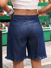 Breezaya 复古美式荷叶边牛仔短裤，女款，设计细节：喇叭形中长短裤 - 深色水洗藍 - 查看 2