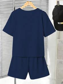 SHEIN Vacaura 2件套青少年男童休闲圆领短袖上衣和短裤套装，夏季 - 寶藍色 - 查看 3