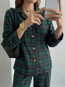 DAZY Plus Size Women Christmas Plaid Lapel Long Sleeve Single-Breasted Top And Pants Loose Pajama Set, Fall Winter Clothes - Green - View 5