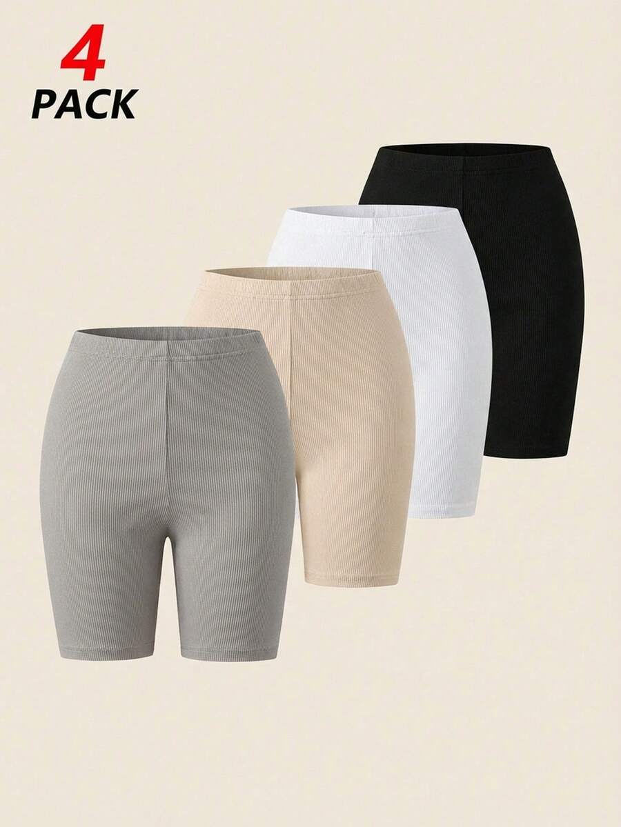 4pcs/Set Girls' Solid Color Leggings, Comfortable Fitted Short Design, Suitable For Spring, Summer, Autumn - Multicolor - View 1