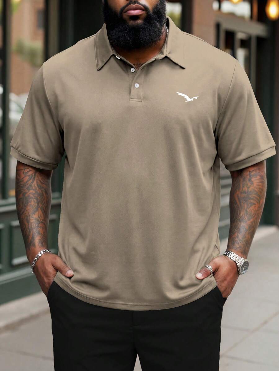 Manfinity Homme Plus Size Men's Solid Color Button-Up Printed Short Sleeve Casual Shirt - Khaki - View 1