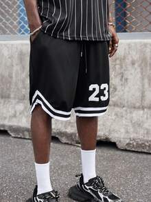 EVRINFINITE 男士数字印花抽绳腰部宽松休闲篮球短裤 - 黑色 - 查看 4