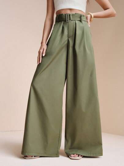 Arave Women's Twill Woven Fabric High Waisted Wide Leg Pants With Matching Square Buckle Belt Pleated Front Drape Trousers Office Commuter Modern Minimalist Work Outfits For Women Office Outfits For Women Women's Dress Pants Office Wear For Women