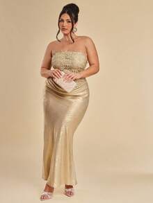 SHEIN BAE Vestido de fiesta elegante con cintura recogida y cola de pez para mujer de talla grande - Dorado - Ver 4