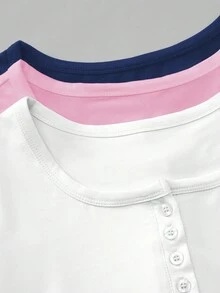 Airaco 大码纯色简约纽扣装饰圆领休闲T恤 - 彩色 - 查看 8