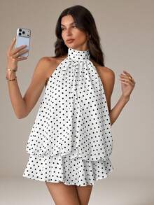 SHEIN Tall 女士优雅波点印花露背吊带迷你连衣裙 - 彩色 - 查看 6