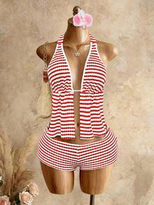 女士条纹开衩性感时尚露背吊带衫 - 彩色 - 查看 4