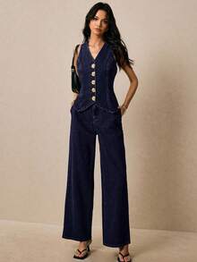 Poéselle Women's Denim Sets Single-Breasted Vest And Baggy Jeans With Metal Button,Navy Blue And Gold Summer Elegant Brunch Two Pieces Country Concert Outfit - Dark Wash - View 8