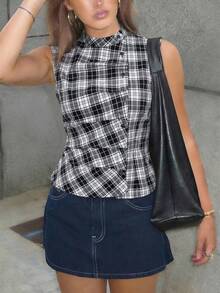 Poéselle Casual Plaid Front Button Sleeveless Top, Summer Blouse For Women Casual Modern Zip Up Top - Black and White - View 6