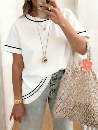 EMERY ROSE Camiseta casual versátil de mujer talla grande con cuello redondo y mangas cortas de color contrastante