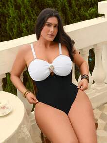 Swim Chiccia New Arrival Black & White Contrast Color Elegant One-Piece Swimsuit, Slimming & Flattering Plus Size Swimwear For Beach Vacation - Black and White - View 6