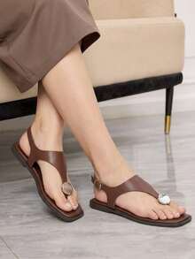 Sleekvia Ladies Comfortable Flat Wear-Resistant Versatile  Metal Outdoor Flip-Flops Slippers Summer - Brown - View 4