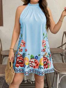 SHEIN Clasi Đầm casual cổ yếm in hoa dành cho nữ cỡ lớn, thích hợp cho kỳ nghỉ. - Màu xanh nhạt - Xem 3