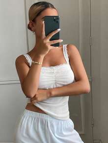 DAZY Sweet Lace Patchwork Pleated Bust Design Wide Strap Self-Padded Women Camisole - White - View 5