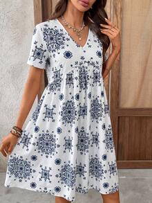 EMERY ROSE Women's Casual Vacation Allover Print Mini Dress - Blue and White - View 6