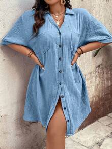 Breezaya Plus Size Button Up Pocket Solid Color Dress - Baby Blue - View 7