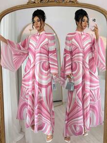 Rafferiza 女士阿拉伯风格长款连衣裙，女士纱丽，雪纺印花几何波浪图案，宽松立领喇叭袖A字裙摆，优雅适合假日、派对、正式场合，复古、端庄、浪漫、休闲，春夏皆宜。 - 粉色 - 查看 7