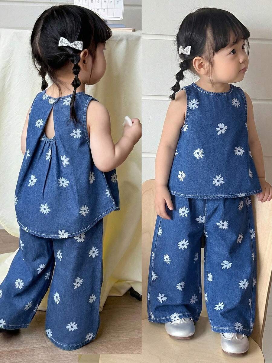 SHEIN Little Byeori 2件套女婴碎花海军蓝牛仔宽松无袖上衣和阔腿裤套装 - 藍色 - 查看 1
