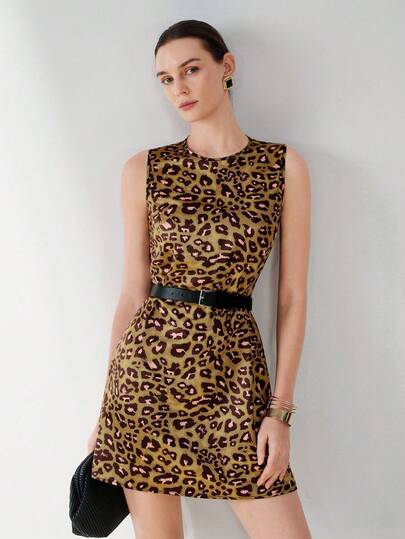 Aveloria Modichic Chic Green Leopard Print Satin Waist Belt Mini Dress, Waist Belt Cinches Waistline, Minimalist Elegant Suitable For Party With Wild Vibe