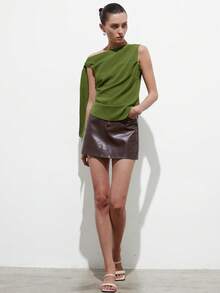 Aveloria Modichic Women's Crinkled Textured Fabric Slim Fit Asymmetric Cut One Shoulder Tie Strap And Side Ruched Design Modern Elegant Vacation Style Green Elegant Women's Blouses Vacation Outfits Women Summer Tops Green Dress - Green - View 3