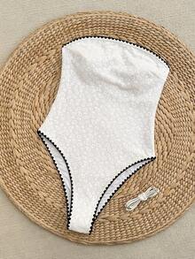 SHEIN Swim Vcay 女士优雅休闲可拆卸肩带抹胸连体泳衣，纹理面料，时尚撞色设计，适合夏季海滩度假、海滩派对穿着，2026春夏女士海滩度假连体泳衣 - 彩色 - 查看 5