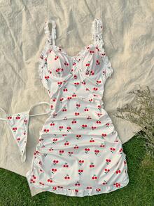 CottageSlumber Vestido entallado con volantes y estampado de cerezas, lencería - Blanco - View 1