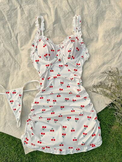 CottageSlumber Đầm Bodycon xếp nếp in họa tiết anh đào có quần lót, nội y