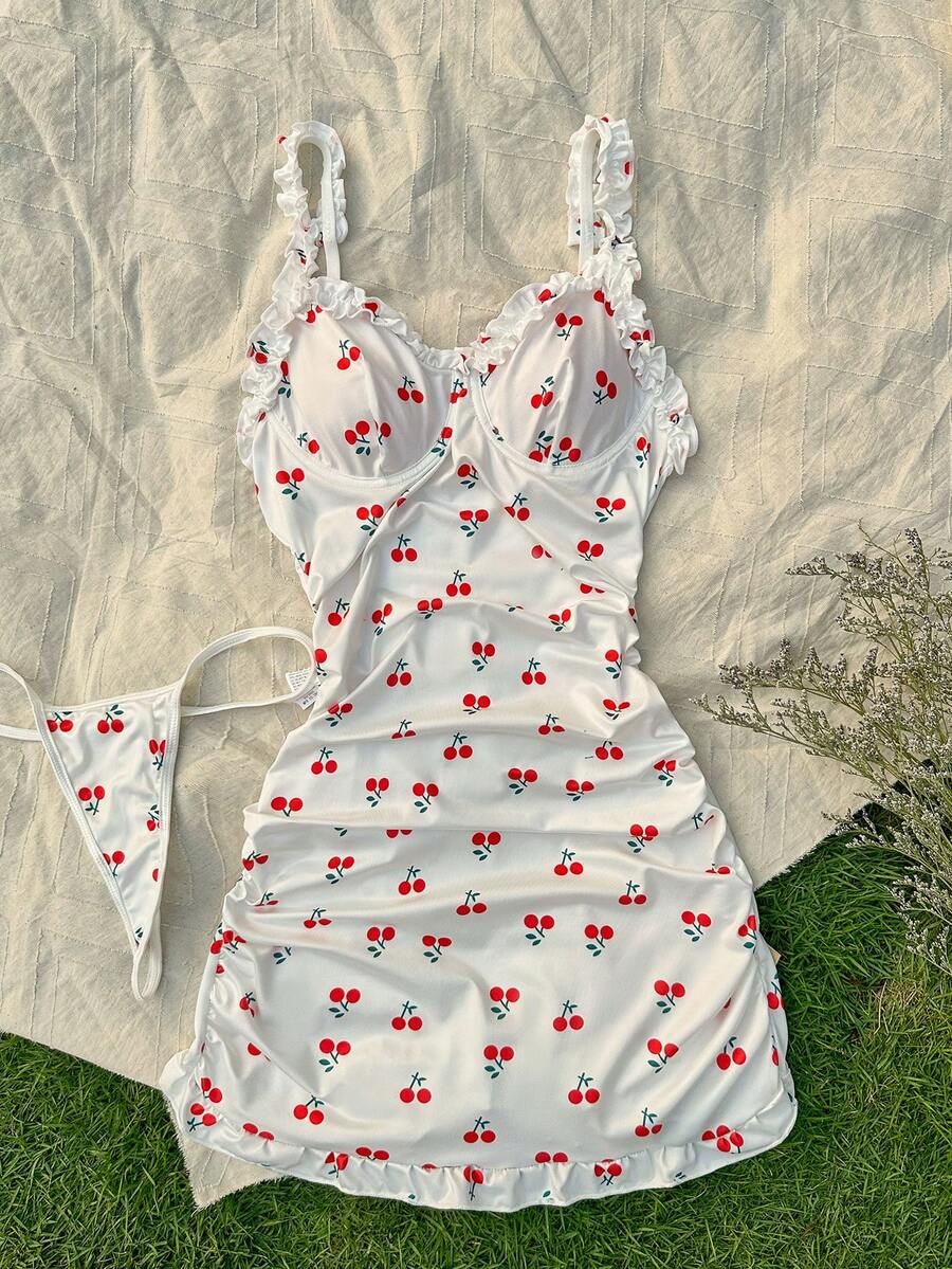 CottageSlumber Vestido entallado con volantes y estampado de cerezas, lencería - Blanco - View 1