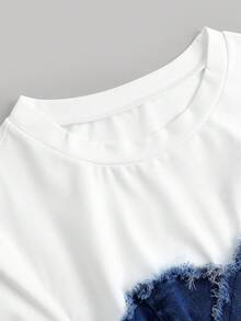 SHEIN MOD 女士休闲修身弹力牛仔短袖拼接上衣 - 深色水洗藍 - 查看 3