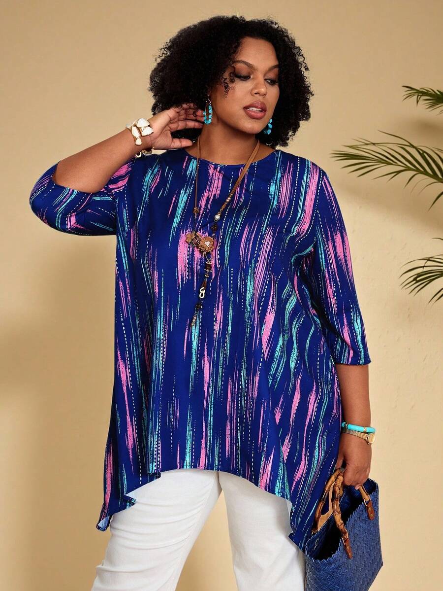 EMERY ROSE 大码女式圆领七分袖不对称下摆休闲白衬衫，春夏秋季女装 - 彩色 - 查看 1